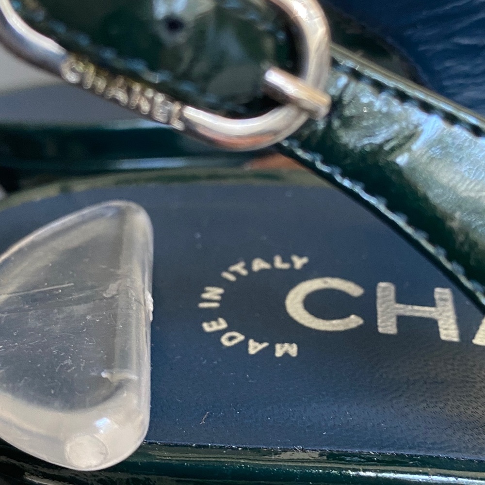 Chanel blue green patent leather heels platforms 39-8.5 mules slingbacks sandals - Picture 4 of 8